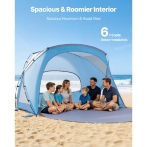 beach tent sun shelter for 6 person, upf 50+ protection, portable sun shade canopy with carrying bag & sand pockets, lightweight and easy setup beach umbrella for family camping outdoor picnic
