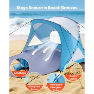 beach tent sun shelter for 6 person, upf 50+ protection, portable sun shade canopy with carrying bag & sand pockets, lightweight and easy setup beach umbrella for family camping outdoor picnic