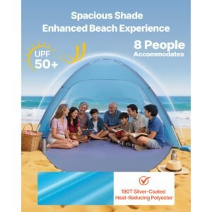 beach tent sun shelter for 8 person, upf 50+ protection, portable sun shade canopy with carrying bag & sand pockets, lightweight and easy setup beach umbrella for camping fishing outdoor picnic