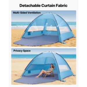 beach tent sun shelter for 8 person, upf 50+ protection, portable sun shade canopy with carrying bag & sand pockets, lightweight and easy setup beach umbrella for camping fishing outdoor picnic