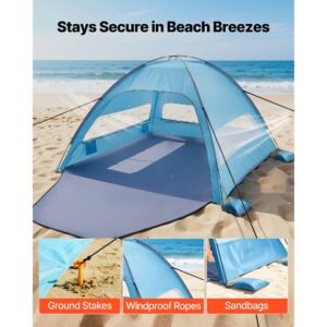 beach tent sun shelter for 8 person, upf 50+ protection, portable sun shade canopy with carrying bag & sand pockets, lightweight and easy setup beach umbrella for camping fishing outdoor picnic