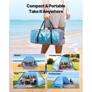 beach tent sun shelter for 8 person, upf 50+ protection, portable sun shade canopy with carrying bag & sand pockets, lightweight and easy setup beach umbrella for camping fishing outdoor picnic