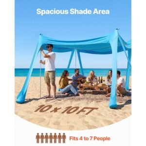 beach tent sun shelter, upf50+ sun protection, 6.6 ft tall, 10 x 10 ft, easy pop up beach canopy with sandbags, stability poles, sand shovels, portable shade for family, camping, fishing, blue