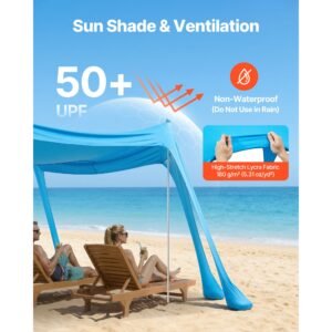 beach tent sun shelter, upf50+ sun protection, 6.6 ft tall, 10 x 10 ft, easy pop up beach canopy with sandbags, stability poles, sand shovels, portable shade for family, camping, fishing, blue