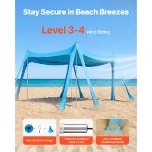 beach tent sun shelter, upf50+ sun protection, 6.6 ft tall, 10 x 10 ft, easy pop up beach canopy with sandbags, stability poles, sand shovels, portable shade for family, camping, fishing, blue