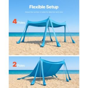 beach tent sun shelter, upf50+ sun protection, 6.6 ft tall, 10 x 10 ft, easy pop up beach canopy with sandbags, stability poles, sand shovels, portable shade for family, camping, fishing, blue