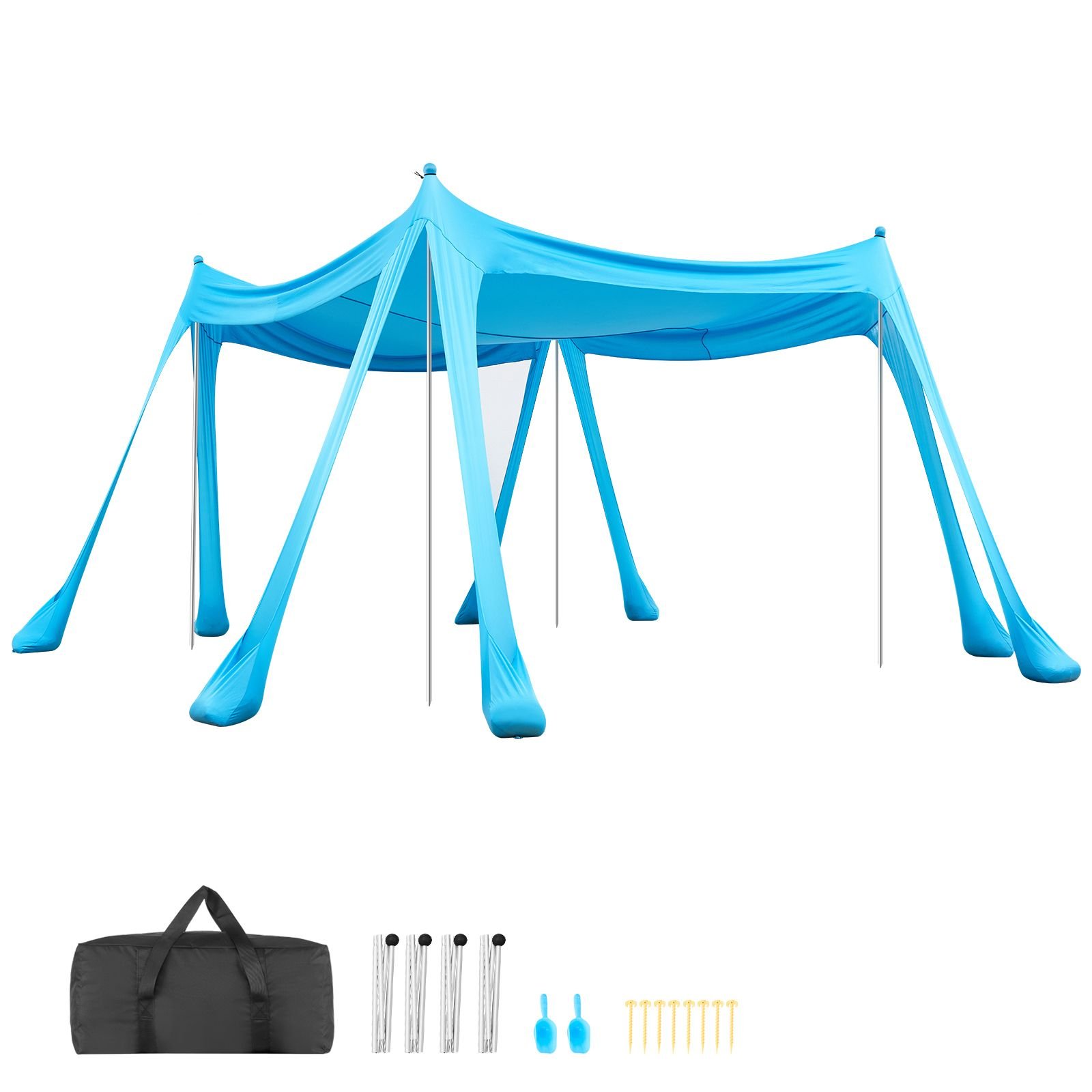 beach tent sun shelter, upf50+ sun protection, 6.6 ft tall, 10 x 10 ft, easy pop up beach canopy with sandbags, stability poles, sand shovels, portable shade for family, camping, fishing, blue