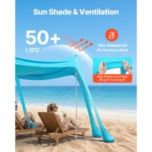 beach tent sun shelter, upf50+ sun protection, 6.6 ft tall, 10 x 10 ft, easy pop up beach canopy with sandbags, stability poles, sand shovels, portable shade for family, camping, fishing, green