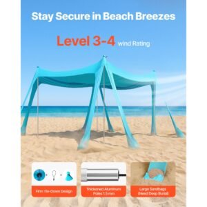 beach tent sun shelter, upf50+ sun protection, 6.6 ft tall, 10 x 10 ft, easy pop up beach canopy with sandbags, stability poles, sand shovels, portable shade for family, camping, fishing, green