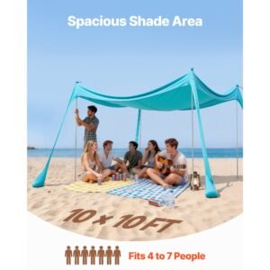 beach tent sun shelter, upf50+ sun protection, 6.6 ft tall, 10 x 10 ft, easy pop up beach canopy with sandbags, stability poles, sand shovels, portable shade for family outings, camping, fishing