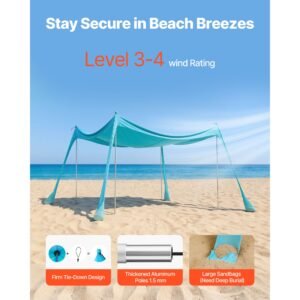 beach tent sun shelter, upf50+ sun protection, 6.6 ft tall, 10 x 10 ft, easy pop up beach canopy with sandbags, stability poles, sand shovels, portable shade for family outings, camping, fishing