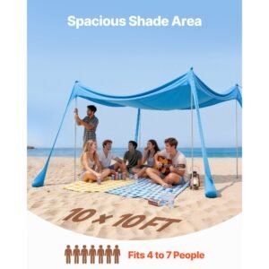 beach tent sun shelter, upf50+ sun protection, 6.6 ft tall, 10x10 ft, easy pop up beach canopy with 4 sandbags, stability poles, sand shovels, portable shade for family outings, camping, fishing