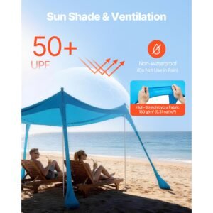 beach tent sun shelter, upf50+ sun protection, 6.6 ft tall, 10x10 ft, easy pop up beach canopy with 4 sandbags, stability poles, sand shovels, portable shade for family outings, camping, fishing