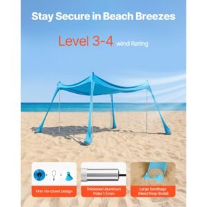 beach tent sun shelter, upf50+ sun protection, 6.6 ft tall, 10x10 ft, easy pop up beach canopy with 4 sandbags, stability poles, sand shovels, portable shade for family outings, camping, fishing