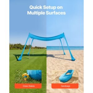 beach tent sun shelter, upf50+ sun protection, 6.6 ft tall, 10x10 ft, easy pop up beach canopy with 4 sandbags, stability poles, sand shovels, portable shade for family outings, camping, fishing