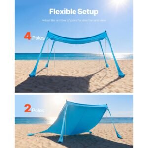 beach tent sun shelter, upf50+ sun protection, 6.6 ft tall, 10x10 ft, easy pop up beach canopy with 4 sandbags, stability poles, sand shovels, portable shade for family outings, camping, fishing