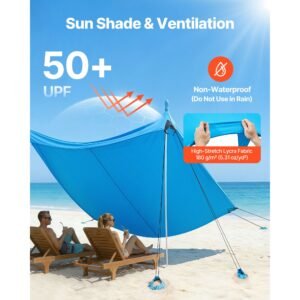 beach tent sun shelter, upf50+ sun protection, 6.6 ft tall, 10x10 ft, easy pop up beach canopy with 8 sandbags, stability poles, sand shovels, portable shade for family outings, camping, fishing