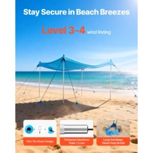 beach tent sun shelter, upf50+ sun protection, 6.6 ft tall, 10x10 ft, easy pop up beach canopy with 8 sandbags, stability poles, sand shovels, portable shade for family outings, camping, fishing