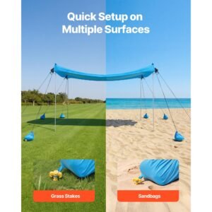 beach tent sun shelter, upf50+ sun protection, 6.6 ft tall, 10x10 ft, easy pop up beach canopy with 8 sandbags, stability poles, sand shovels, portable shade for family outings, camping, fishing
