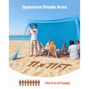 beach tent sun shelter, upf50+ sun protection, 6.6 ft tall, 11 x 11 ft, easy pop up beach canopy with sandbags, stability poles, sand shovels, portable shade for family outings, camping, fishing
