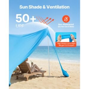 beach tent sun shelter, upf50+ sun protection, 6.6 ft tall, 11 x 11 ft, easy pop up beach canopy with sandbags, stability poles, sand shovels, portable shade for family outings, camping, fishing