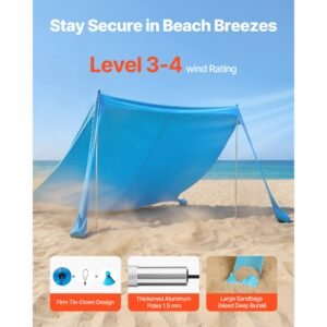 beach tent sun shelter, upf50+ sun protection, 6.6 ft tall, 11 x 11 ft, easy pop up beach canopy with sandbags, stability poles, sand shovels, portable shade for family outings, camping, fishing