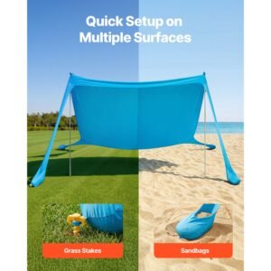 beach tent sun shelter, upf50+ sun protection, 6.6 ft tall, 11 x 11 ft, easy pop up beach canopy with sandbags, stability poles, sand shovels, portable shade for family outings, camping, fishing