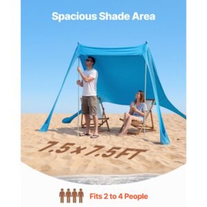 beach tent sun shelter, upf50+ sun protection, 6.6 ft tall, 7.5x7.5 ft, easy pop up beach canopy with sandbags, stability poles, sand shovels, portable shade for family outings, camping, fishing
