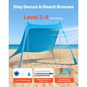 beach tent sun shelter, upf50+ sun protection, 6.6 ft tall, 7.5x7.5 ft, easy pop up beach canopy with sandbags, stability poles, sand shovels, portable shade for family outings, camping, fishing