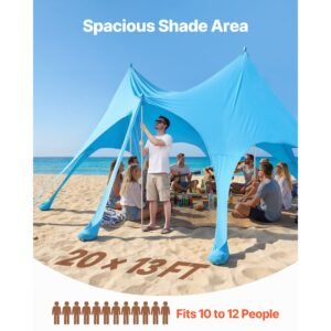 beach tent sun shelter, upf50+ sun protection, 9.2 ft tall, 20 x 13 ft, easy pop up beach canopy with sandbags, stability poles, sand shovels, portable shade for family outings, camping, fishing