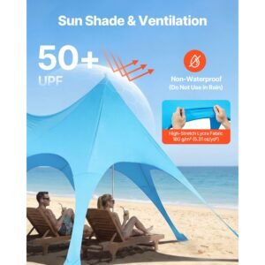 beach tent sun shelter, upf50+ sun protection, 9.2 ft tall, 20 x 13 ft, easy pop up beach canopy with sandbags, stability poles, sand shovels, portable shade for family outings, camping, fishing