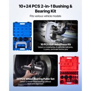 bearing press kit, 10+24 pcs, 2 in 1 ball joint press & wheel bearing puller kit, race and seal driver set with 13 bushings, c frame and sleeves, heavy duty removal installation set with case