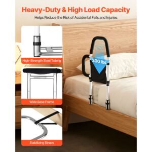 bed rail for elderly, bedside assist rails with side handle and pu handrail, adjustable height carbon steel pipe bedside cane, bed bars for seniors & patients, fits king, queen, full, twin