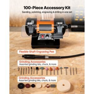 bench buffer polisher, 8300 10600 rpm adjustable speed, polishing & buffing machine with grinding, fiber, and wool wheels, 100 piece accessory kit, for jewelry, wood, metal, raw stone, jade diy