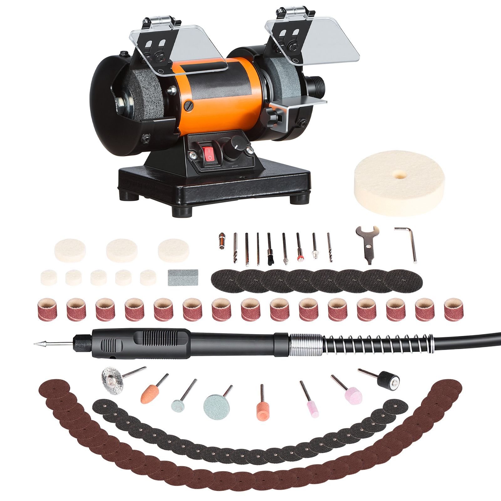 bench buffer polisher, 8300 10600 rpm adjustable speed, polishing & buffing machine with grinding, fiber, and wool wheels, 100 piece accessory kit, for jewelry, wood, metal, raw stone, jade diy