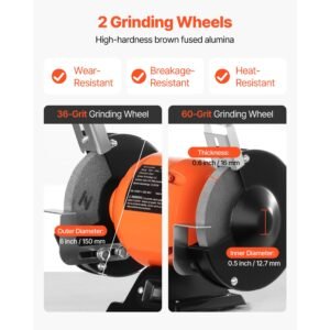 bench grinder, 6 inch single speed bench grinder, 1750rpm low speed table grinders with 250w 2a induction motor, 36/60 grit grinding wheels & adjustable tool rest for precise sharpening grinding