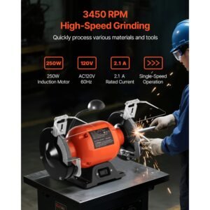 bench grinder, 6 inch single speed bench grinder, 3450rpm high speed table grinders with 250w 2.1a induction motor, 36/60 grit grinding wheels & led work light for fast sharpening grinding