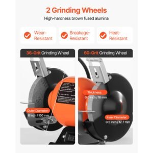 bench grinder, 6 inch single speed bench grinder, 3450rpm high speed table grinders with 250w 2.1a induction motor, 36/60 grit grinding wheels & led work light for fast sharpening grinding