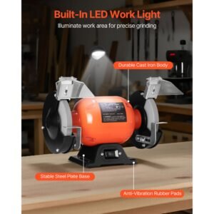 bench grinder, 6 inch single speed bench grinder, 3450rpm high speed table grinders with 250w 2.1a induction motor, 36/60 grit grinding wheels & led work light for fast sharpening grinding