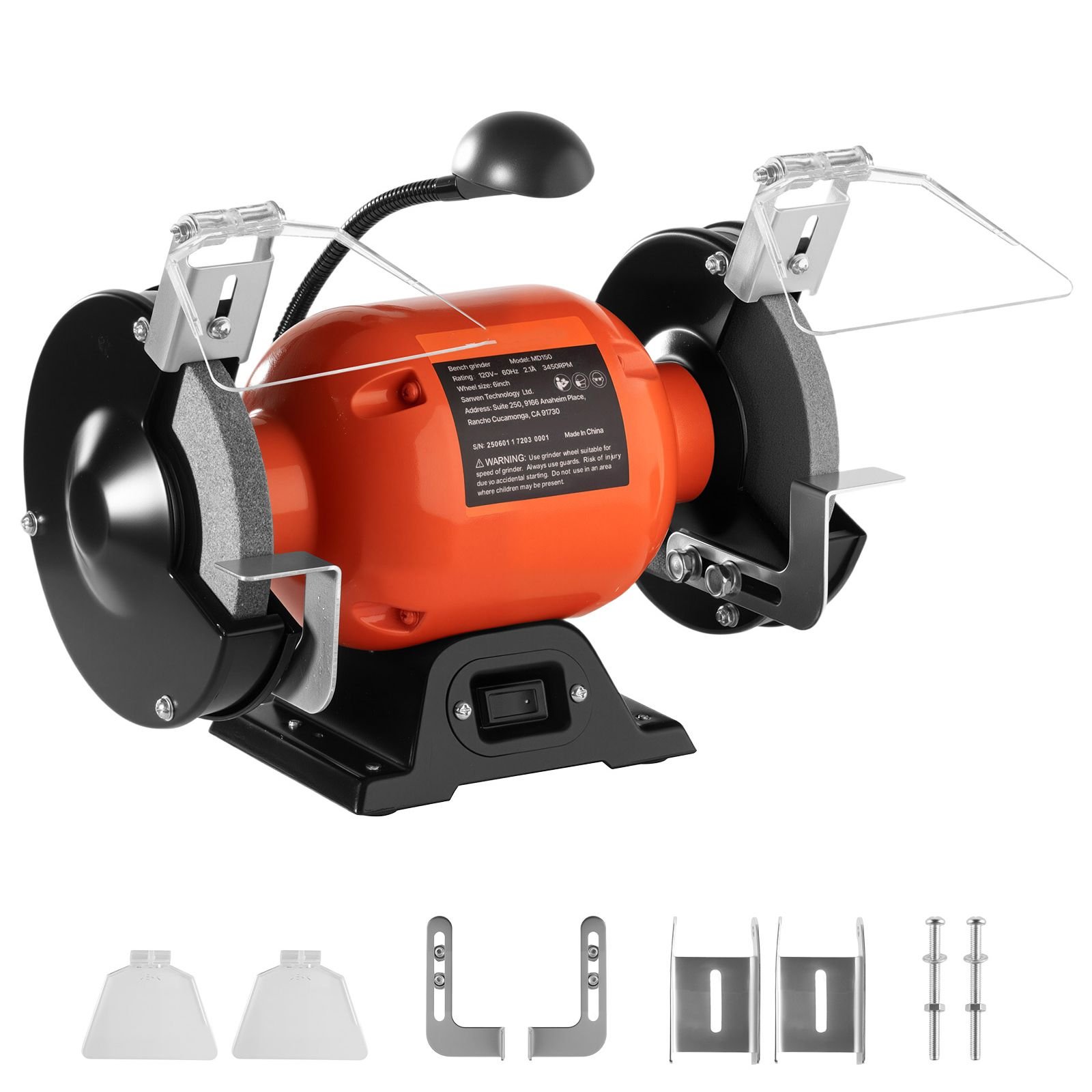 bench grinder, 6 inch single speed bench grinder, 3450rpm high speed table grinders with 250w 2.1a induction motor, 36/60 grit grinding wheels & led work light for fast sharpening grinding
