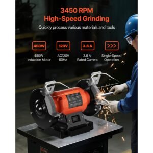 bench grinder, 6 inch single speed bench grinder, 3450rpm high speed table grinders with 450w 3.8a induction motor, 36/60 grit grinding wheel & adjustable eye shield for fast sharpening grinding