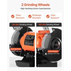 bench grinder, 6 inch single speed bench grinder, 3450rpm high speed table grinders with 450w 3.8a induction motor, 36/60 grit grinding wheel & adjustable eye shield for fast sharpening grinding