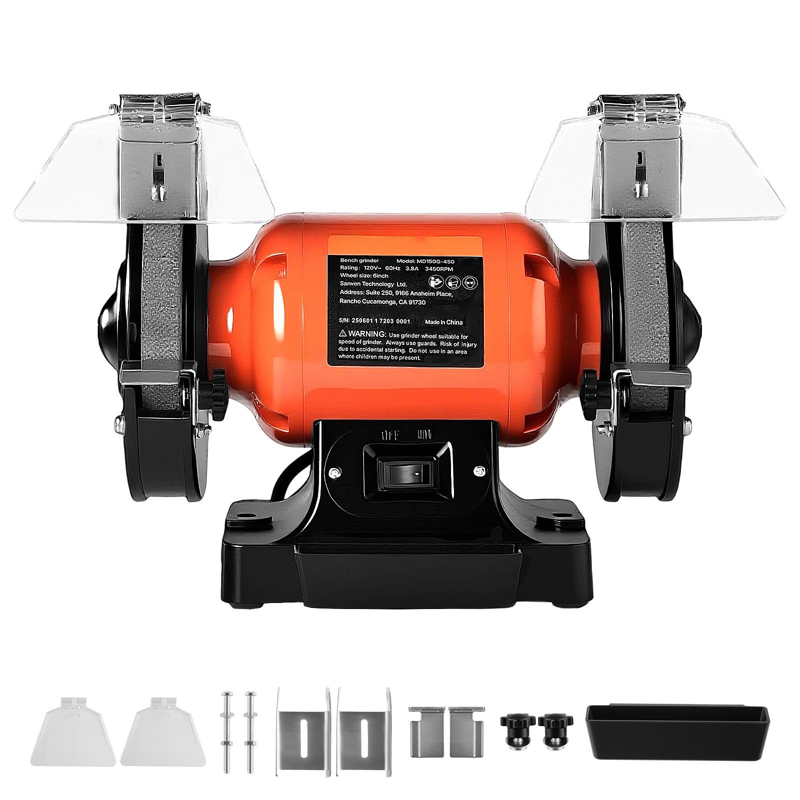 bench grinder, 6 inch single speed bench grinder, 3450rpm high speed table grinders with 450w 3.8a induction motor, 36/60 grit grinding wheel & adjustable eye shield for fast sharpening grinding