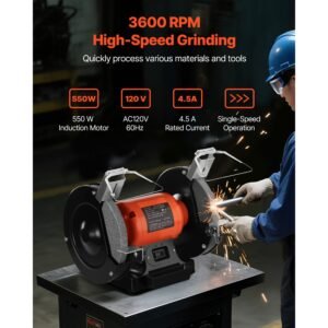 bench grinder, 8 inch single speed bench grinder, 3450rpm high speed table grinders with 550w 4.5a induction motor, 36/60 grit grinding wheel & adjustable eye shield for fast sharpening grinding