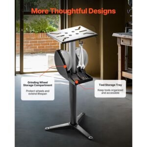 bench grinder stand, bench grinder vise floor pedestal with 12" x 10" mounting plate, 5 level height adjustable pedestal stand with grinding wheel storage compartment & heavy duty cast iron base