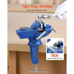 bench vise, 3 inch, portable workbench vice with 360° swivel base, quick release rotating bench clamp, raised base, cast iron construction, for woodworking, metalworking, drilling, and cutting