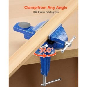 bench vise, 3 inch, portable workbench vice with 360° swivel base, quick release rotating bench clamp, raised base, cast iron construction, for woodworking, metalworking, drilling, and cutting