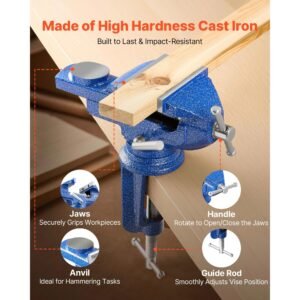 bench vise, 3 inch, portable workbench vice with 360° swivel base, quick release rotating bench clamp, raised base, cast iron construction, for woodworking, metalworking, drilling, and cutting