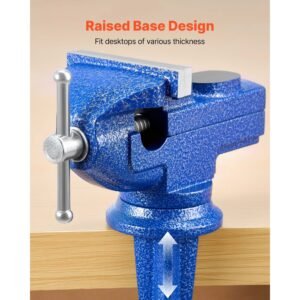 bench vise, 3 inch, portable workbench vice with 360° swivel base, quick release rotating bench clamp, raised base, cast iron construction, for woodworking, metalworking, drilling, and cutting