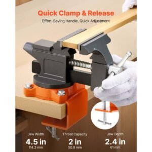 bench vise, 4.5 inch, portable workbench vice with 270° swivel base, quick release rotating bench clamp, cast iron construction, for woodworking, metalworking, drilling, sawing, cutting conduit